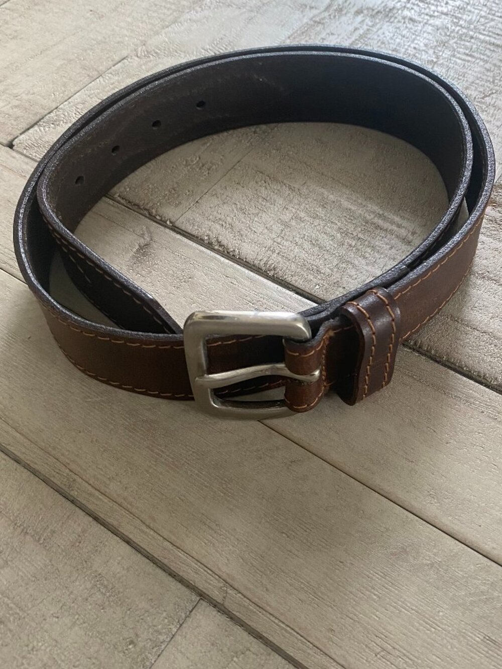 Linea Pelle Brown Full-Grain Leather Double-Stitch Belt with Brushed Silver Buck